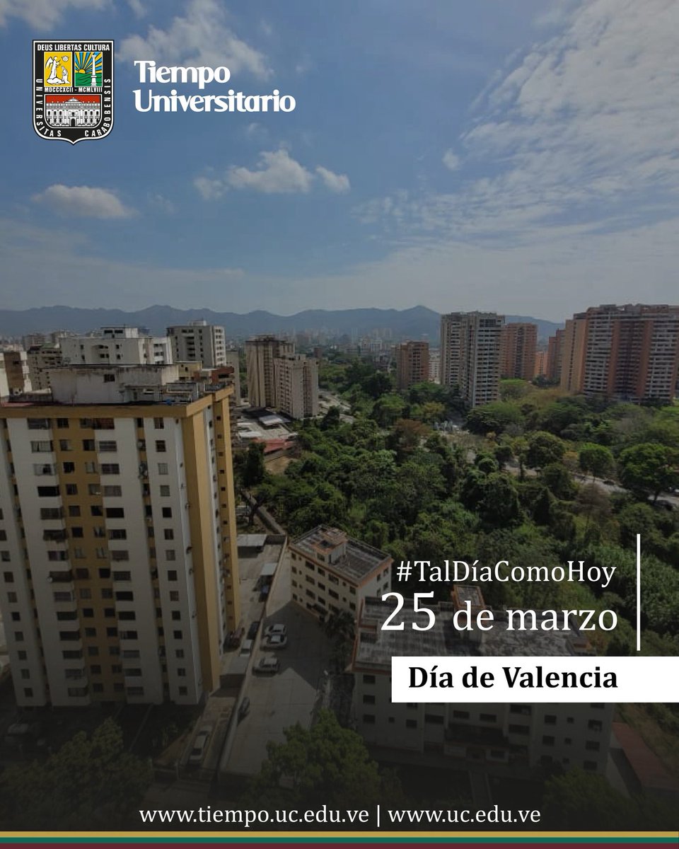 TiempoUC's tweet image. #TalDíaComoHoy se celebra el Día de Valencia, capital del estado Carabobo, situada a 479 msnm y goza de un clima cálido todo el año. Esta ciudad, que carece de acta fundacional, fue tres veces capital del país y conocida como capital industrial de Venezuela. #UC