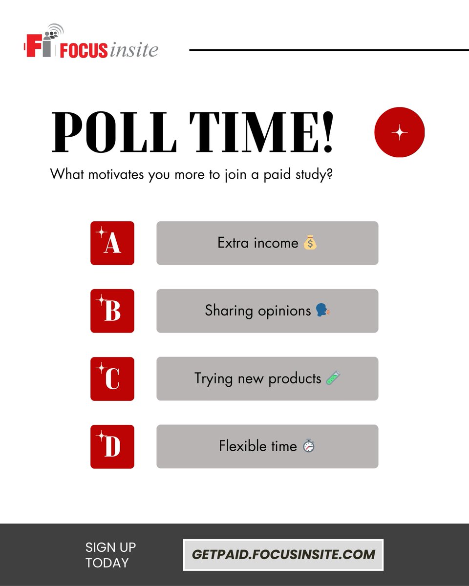 focusinsite's tweet image. Your opinion is more valuable than you think 💡

Why would YOU join a paid study?

Vote below ⬇️

💰 Get notified about paid opportunities:
👉 getpaid.focusinsite.com

#PaidStudies #MarketResearch #FocusGroups