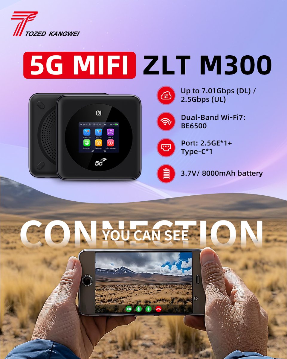 TKit_Tozed's tweet image. Stay connected on the go with the intuitive LCD touch screen. The ZLT M300 supports up to 7.01Gbps 5G speeds, Dual-Band Wi-Fi 7 BE6500, and a long-lasting 8000mAh battery！🌅🛜📱

+Follow #TozedKangwei to learn more.😊

#ConnecttoBetterFuture #MiFi #5G