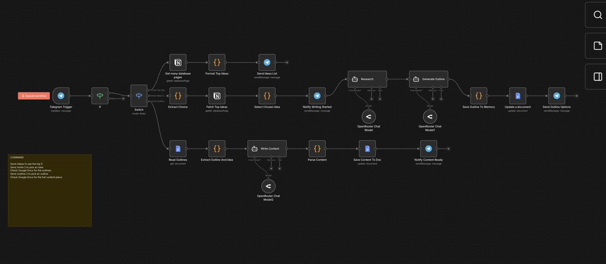 savvyonchain's tweet photo. I built a content engine that runs on telegram. Two commands...

/discover: sends out to 9 sources across HackerNews, Reddit communities covering AI automation, prompt engineering, vibe coding, and specialist newsletters. 

Pulls everything published in the last 24 hours, runs each item through an AI extraction layer that scores it against 100+ niche keywords, deduplicates, and drops the relevant ideas into a Notion database. 

Takes about 90 seconds. Costs fractions of a cent.

/ideas: this command pulls the top scored ideas from that database, randomizes the selection so you're not seeing the same ones every time, and sends them to you in a clean numbered list. 

You reply with /write 3  or whatever you choose, and the system researches the topic using Perplexity's live web search, generates three distinct outline options with different angles and hooks, saves them to a Google Doc, and sends you a message telling you they're ready.

You read the outlines, and you pick one. You then reply with the command /outline 2. The system writes the full piece in your voice, following your brand guidelines, with specific examples and concrete claims.

It can be done in under two minutes of your time.

The whole thing runs on n8n, with no subscriptions beyond what you already use. 

If content takes too long or you don't have ideas, this solves that. 

I built this for myself; I can do it for you. If you're tired of knowing you should be posting and still not doing it, let's talk.