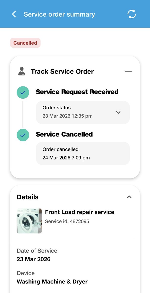 rajeshatn's tweet photo. @RelianceDigital @RelianceResQ My repair service request for FL washing machine was cancelled without my consent after 2 days. Please look into this on priority. Mail already sent. https://t.co/yWrR91hxoV