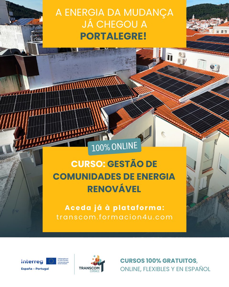 TranscomEuroace's tweet photo. AREANATejo comparte esta formación desde Portalegre 🇵🇹👇

📣 A energia também precisa de gestão ⚡
🌟 Curso: Gestão de Comunidades de Energia Renovável
👉 https://t.co/4HG3YvhZXc

#ComunidadesEnergéticas #Transcom #EUROACE https://t.co/Rf5D3eWxHh