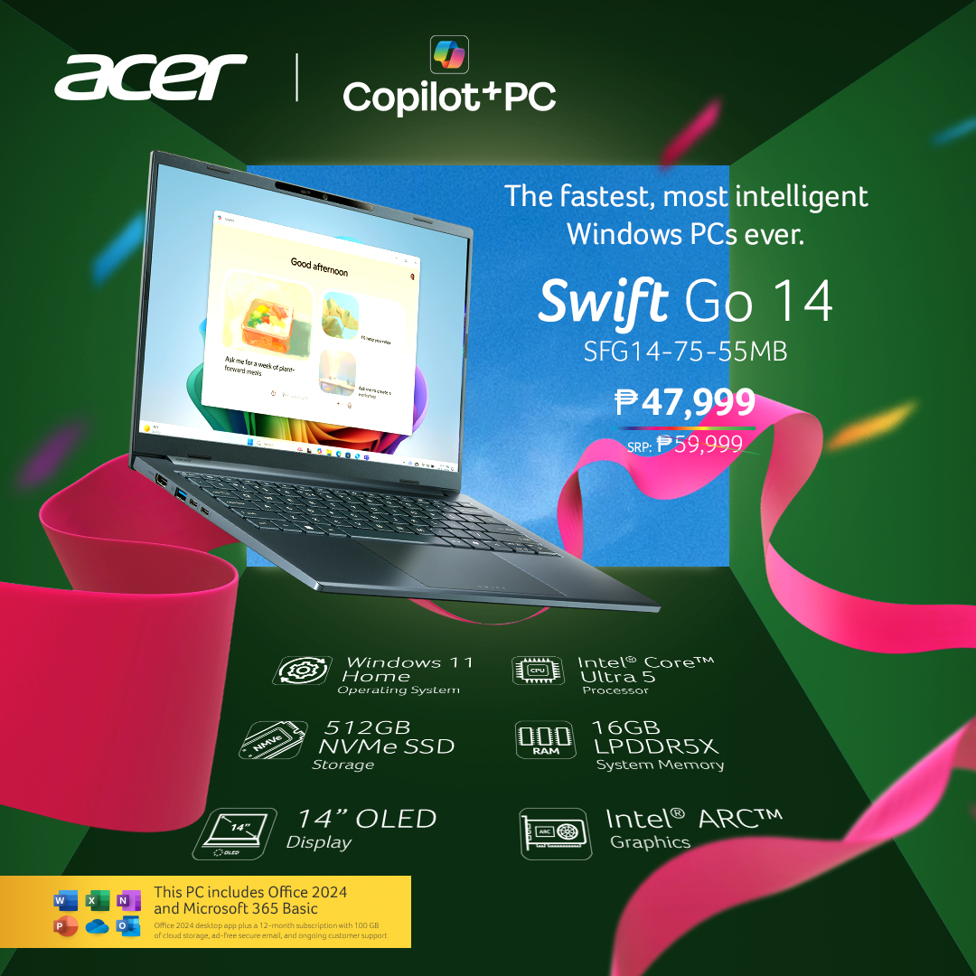 AcerPhils's tweet photo. New job, new responsibilities? 👀💭

The #AcerSwiftGo 14 is built for this season of your life! Its intuitive #Windows11 OS and pre-installed Microsoft Office 2024 tools help you show up prepared from day one.

Get started with the right tool. Join us in celebrating 20 years at the top and make it yours for ₱47,999 at the Acer Online Store (https://t.co/acBPNXlNUN), any Acer Concept Store, or Authorized Resellers!