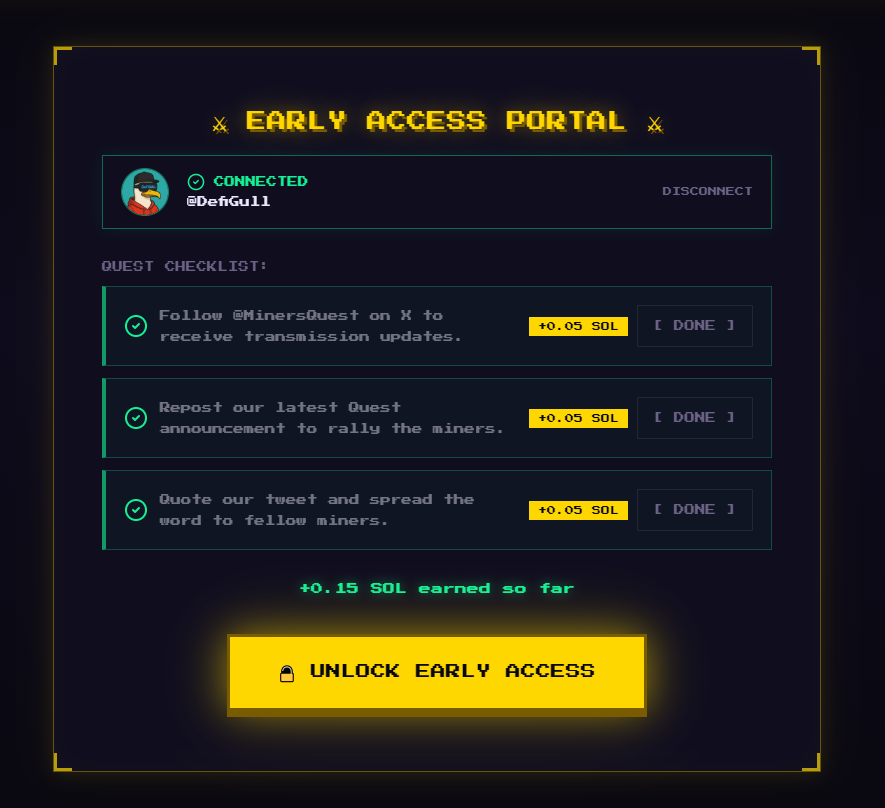 DefiGull's tweet photo. I just Joined Miner's Quest Early Access! ⛏️

Earn $GOLD by hiring Miners and send them into the Gold mines on #Solana

Let's see how this goes

Join the revolution : https://t.co/4llq3tpncy https://t.co/B19uHG4WWP https://t.co/jhtbZdi9qz