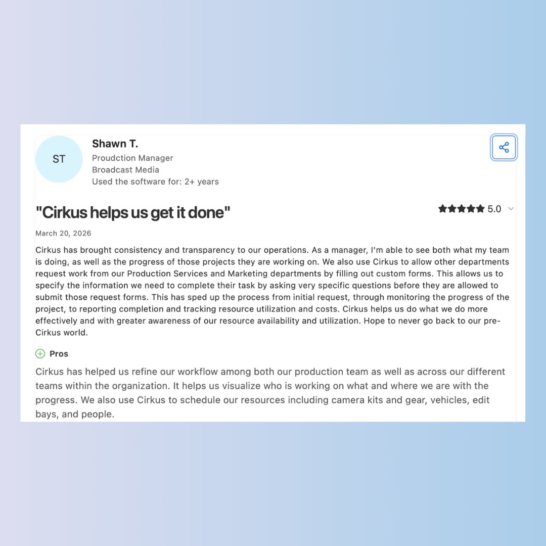 cirkusapp's tweet photo. ⭐️⭐️⭐️⭐️⭐️ “Cirkus helps us get it done.”
From custom request forms to managing complex production schedules, Cirkus provides the visibility and consistency teams need to stay on track.
Huge thanks to Shawn for the kind words on Capterra! 🙌 https://t.co/v0Nu5IKZhI