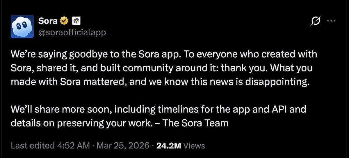 Goodbye Sora.

The options I use now:

1. Veo 
2. Kling
3. Seedance 
4. Grok