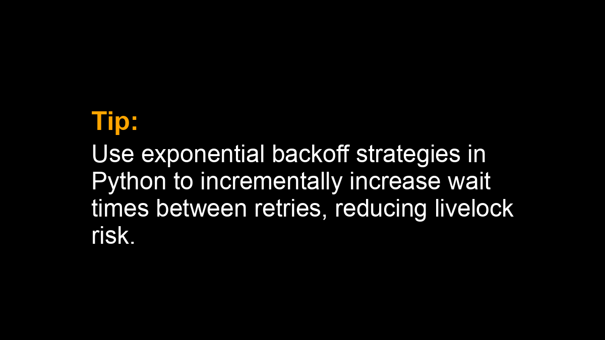 SuperFastPython's tweet photo. Tip: Use exponential backoff strategies in Python to incrementally increase wait times between retries, reducing livelock risk.
#Python #Concurrency https://t.co/Qzn1bJRnrI