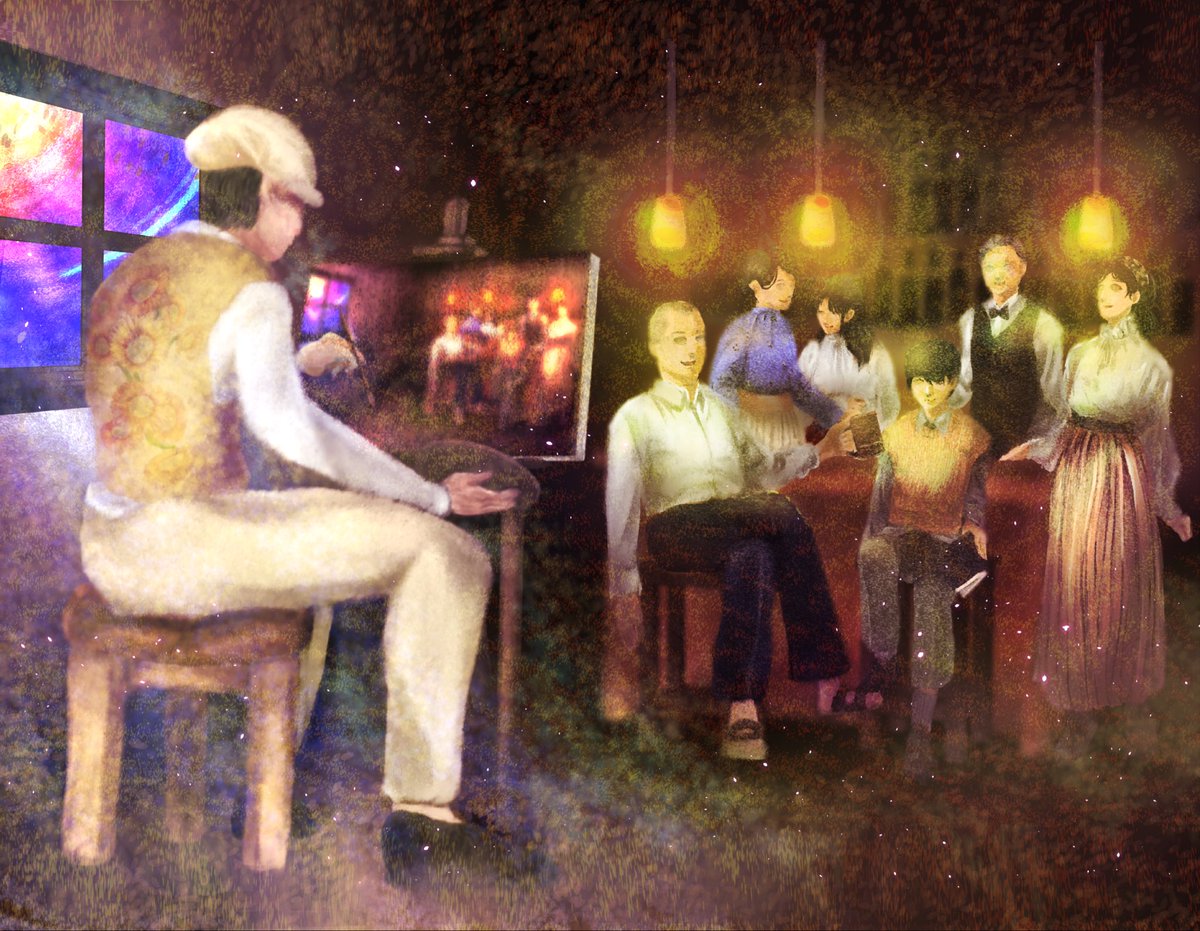 7be_kaco0707's tweet photo. あの絵のつづきの制作風景です。
より明るく、そして幻想的になるように。
飲み屋の人たちの顔も少し変化しています。
シンヤのモチーフに合わせて背中にはひまわりを。
#ヤハン https://t.co/ZlcdRzSpfT
