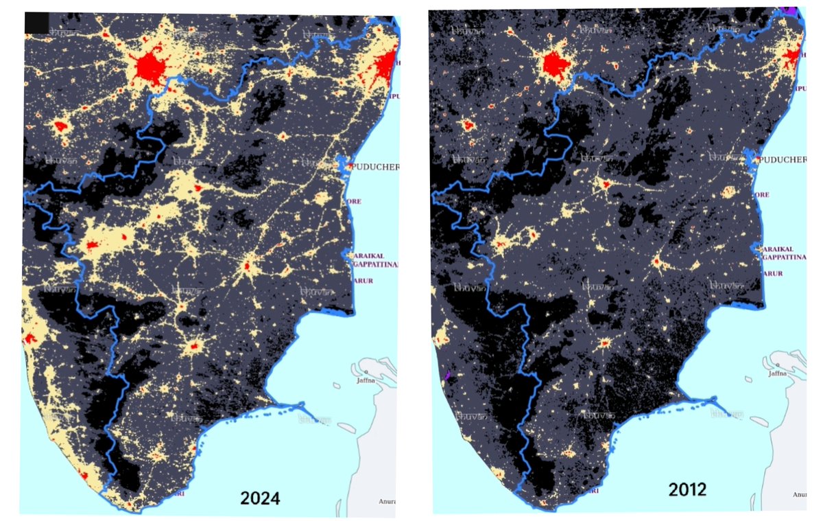 Bodybalram's tweet image. TamilNadu Night Time Lights 2024 vs 2012 Comparision.
Areas highlighted by red are high intensity economic areas/Core city while yellow areas are Suburban/peri-urban in nature.
Grey areas are rural while black areas are forests.
Source: ISRO
#TamilNadu #Chennai