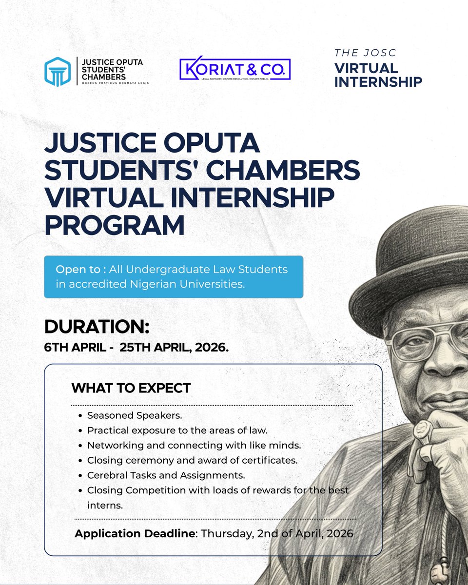 OputaNation's tweet image. This semester break, give your legal career the gift of growth. ⚖️

The JOSC Virtual Internship Program (in partnership with Koriat &amp;amp; Co.) is here!

🗓 6th–25th April 2026
⏳ Deadline: Thursday, 2nd April
Apply now: forms.gle/MxWNkyjStE9hXZ…

#oputanation #VirtualInternship