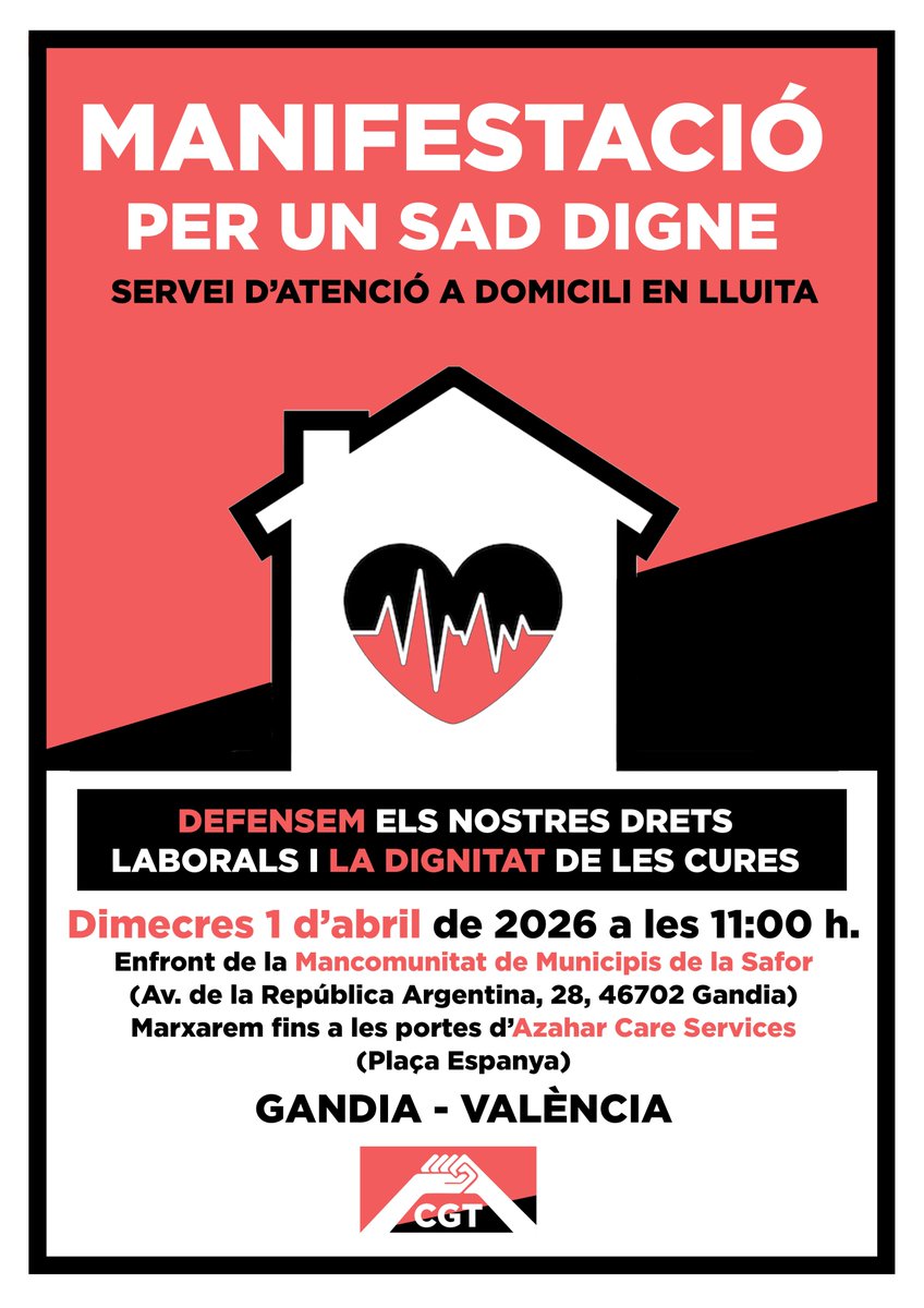 CGTPViM's tweet image. MANIFESTACIÓ: Per un SAD digne!
🔥✊
El dimecres 1 d'abril, les treballadores del Servei d'Atenció a Domicili ens mobilitzem pels nostres drets laborals i per la dignitat de les tasques de cures.
❤️🖤
Juntes som més fortes!

#CGT