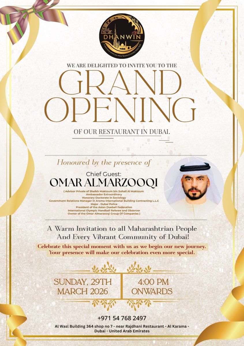 omarzooqi's tweet image. Grand moments begin here! ✨ Join us for the **Grand Opening of Dhanwin Restaurant** in Dubai — an evening of flavors, culture, and celebration.

#GrandOpeningDubai #DubaiEvents #FoodieDubai #AlKarama #DhanwinRestaurant