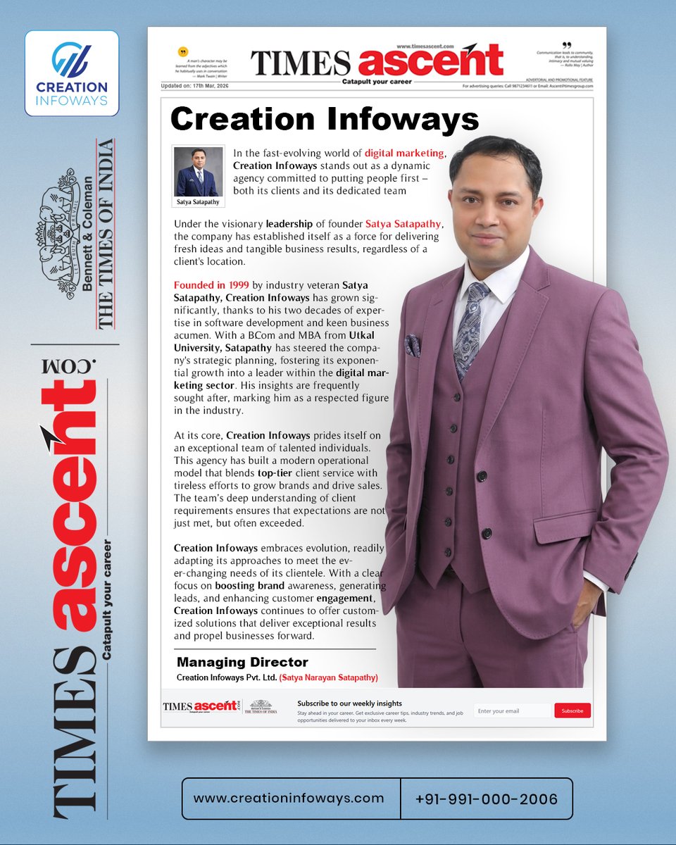 cinfoways's tweet image. 🚀Proud moment for Creation Infoways. Featured in @timesascent, our journey reflects a commitment to innovation, people-first approach &amp;amp; real business results.

This recognition inspires us to aim higher &amp;amp; deliver even better 💼
.
.
#CreationInfoways #DigitalSuccess #TimesAscent
