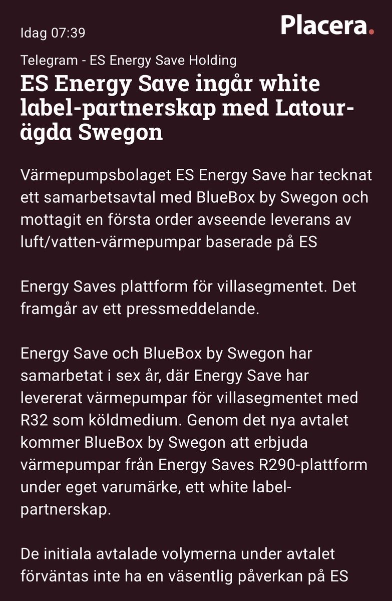 Energy Save i avtal med Swegon ser jag som en kvalitetsstämpel ☀️

#aktier #nibe