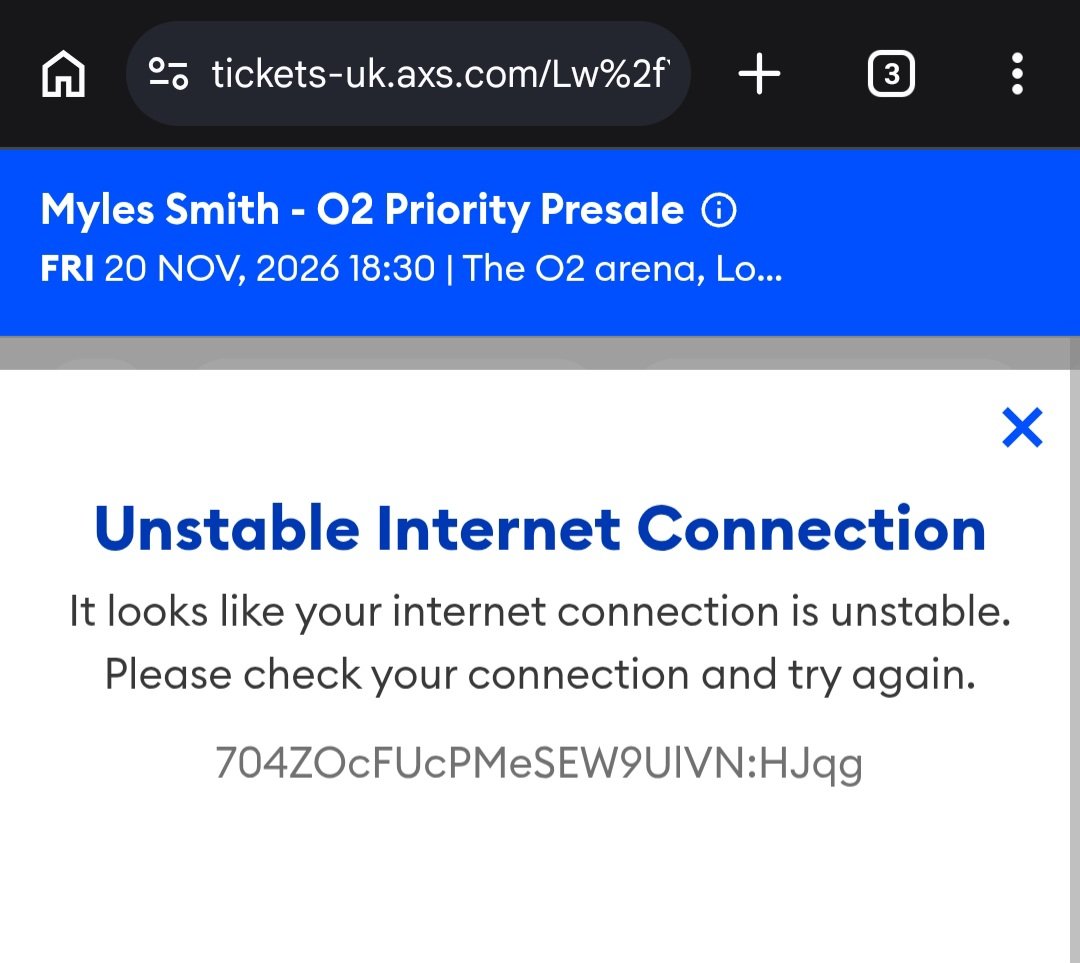 wmdavis1986's tweet photo. @AXS_UK trying to buy tickets this morning but keep getting this, whether im on wifi or mobile data. This never used to be an issue, why is it now? https://t.co/8kb0YxFhkv