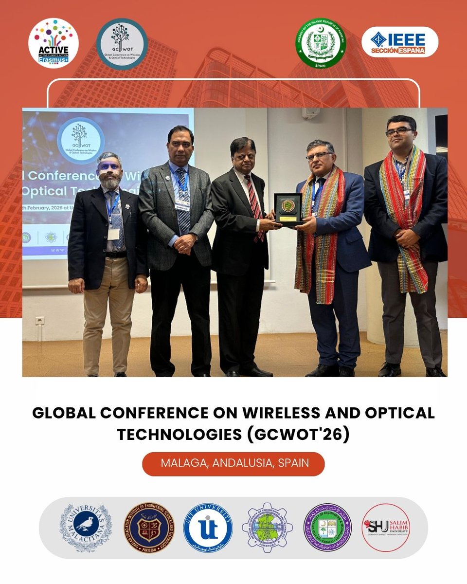 ActiveProjectEU's tweet photo. Prof. Muhammad Afzal Haque, VC SSUET, presented Shields of Honour to Dr. Zahoor Ahmed, Ambassador of Pakistan to Spain; Dr. Muhammad Ali Asghar, Trade and Investment Counsellor; and Dr. Enrique Nava Baro, VC International Projects and Mobility Affairs at the UMA, Spain https://t.co/wKXBwM5w5T
