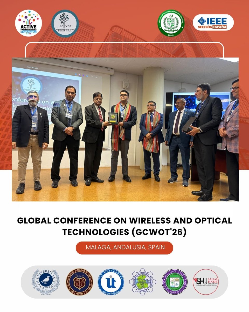 ActiveProjectEU's tweet photo. Prof. Muhammad Afzal Haque, VC SSUET, presented Shields of Honour to Dr. Zahoor Ahmed, Ambassador of Pakistan to Spain; Dr. Muhammad Ali Asghar, Trade and Investment Counsellor; and Dr. Enrique Nava Baro, VC International Projects and Mobility Affairs at the UMA, Spain https://t.co/wKXBwM5w5T