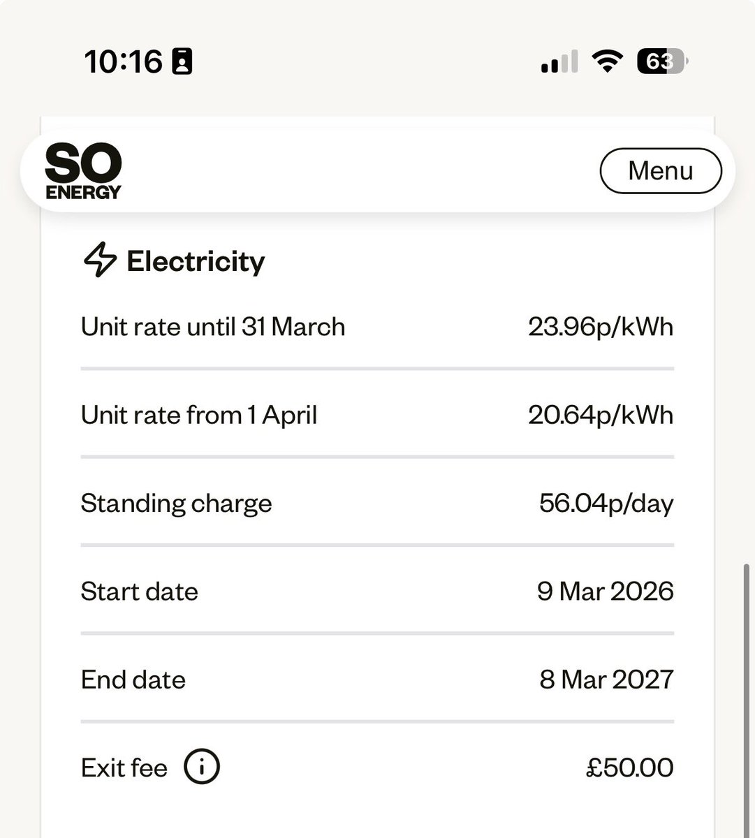 wrightpd's tweet photo. @SoEnergyUK joined in March on a year fixed, screen shotted the tariff that clearly shows 17.16p from April 1st

Why you now telling me it’s 20.64p https://t.co/n3eTzfdGcc