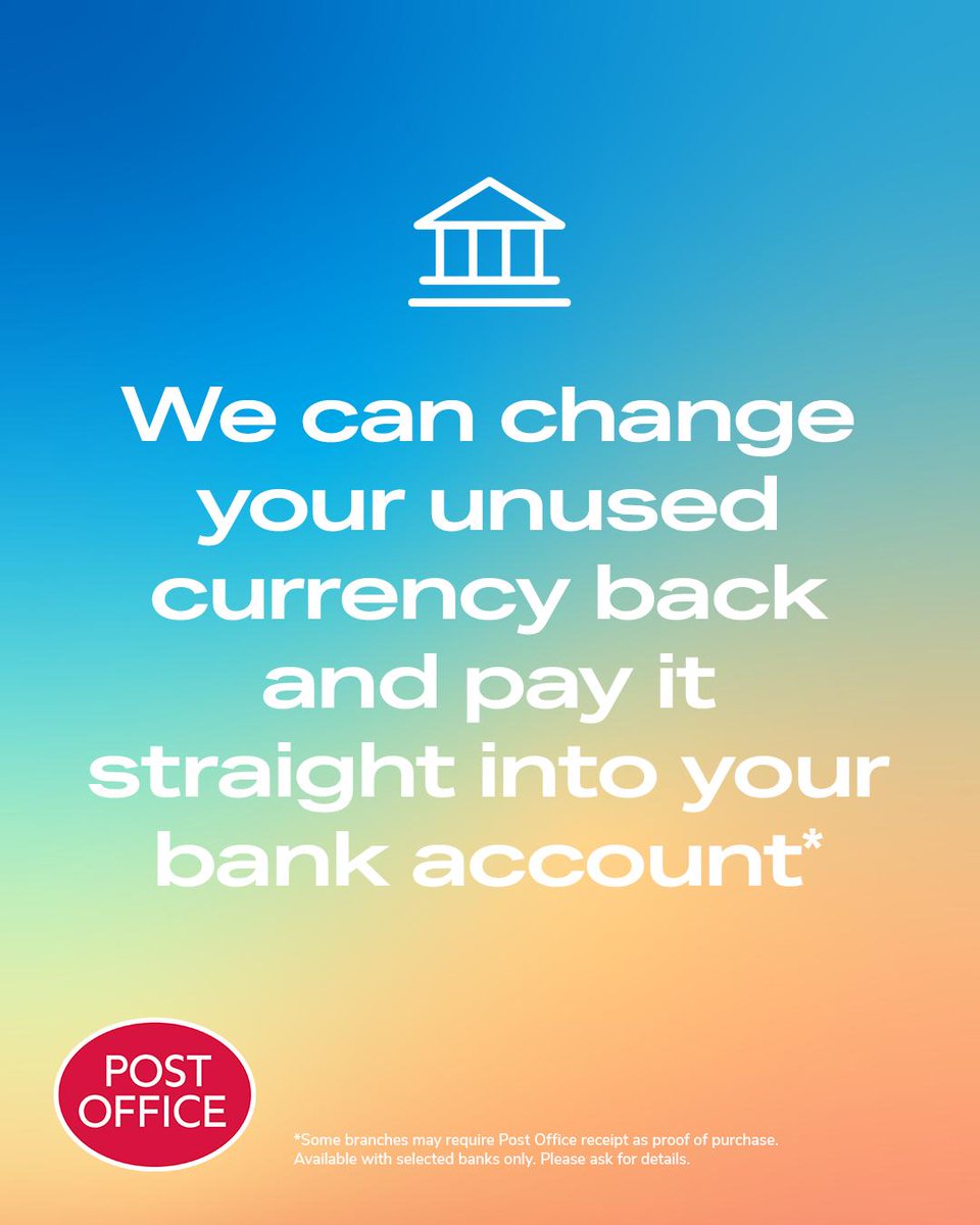CheadlePO's tweet photo. Travel money left over after your holiday? Don’t worry...We’ll buy it back in branch!

Just pop in and speak to the team to find out more. https://t.co/oBdcgp9Yiv