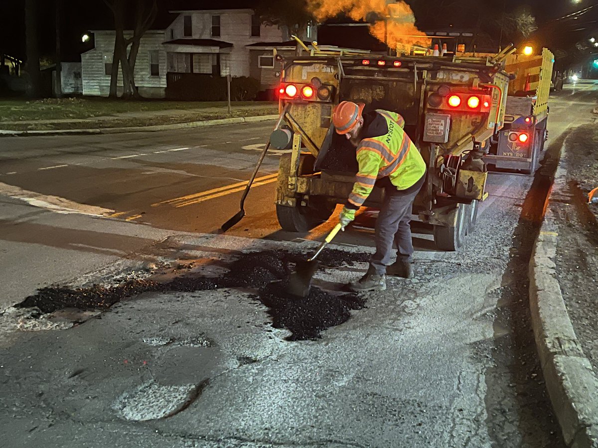 Oneida East crews taking advantage of the early pre-dawn hours before traffic picks up to address a few pot holes 🕳️ in Whitesboro, Oneida County. Pothole patching is happening all over the state. Slow down and drive cautiously when you see any work zone. #WorkZoneSafety