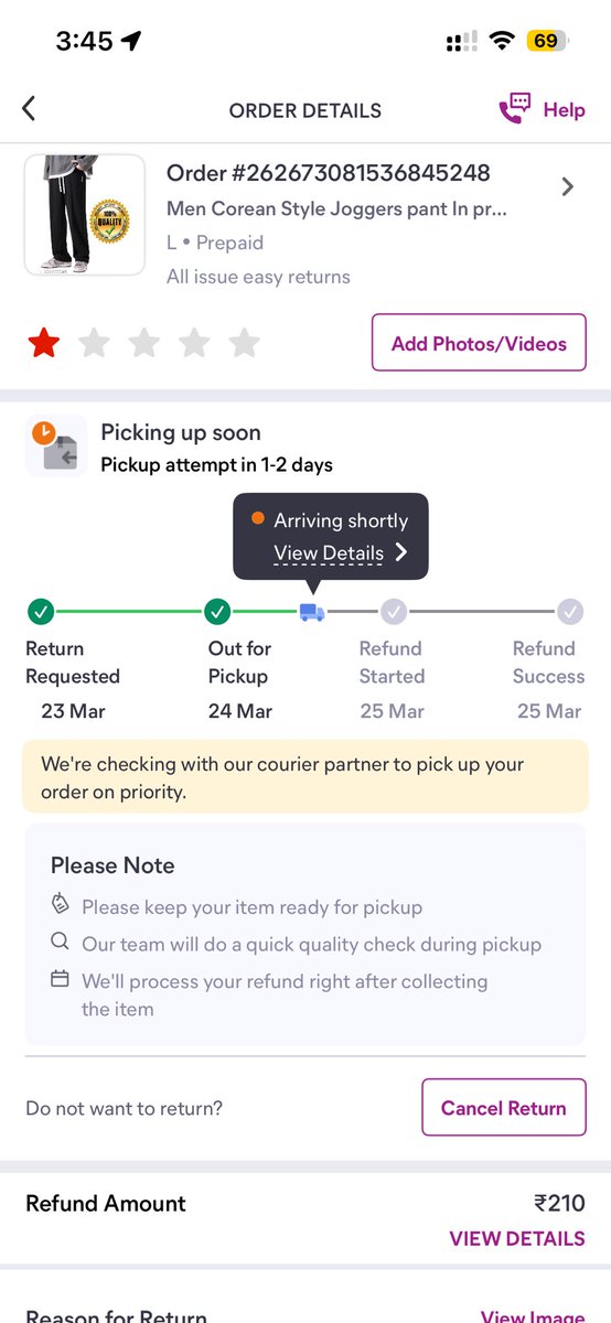 thewinglessb's tweet photo. @meesho_support  
Today is 25th and still no one has come for pickup. The app is showing “refund started” without completing pickup, which makes no sense
This is after multiple failed attempts earlier

Please provide a confirmed pickup today itself and stop delaying this issue. https://t.co/LIjIqAkidf