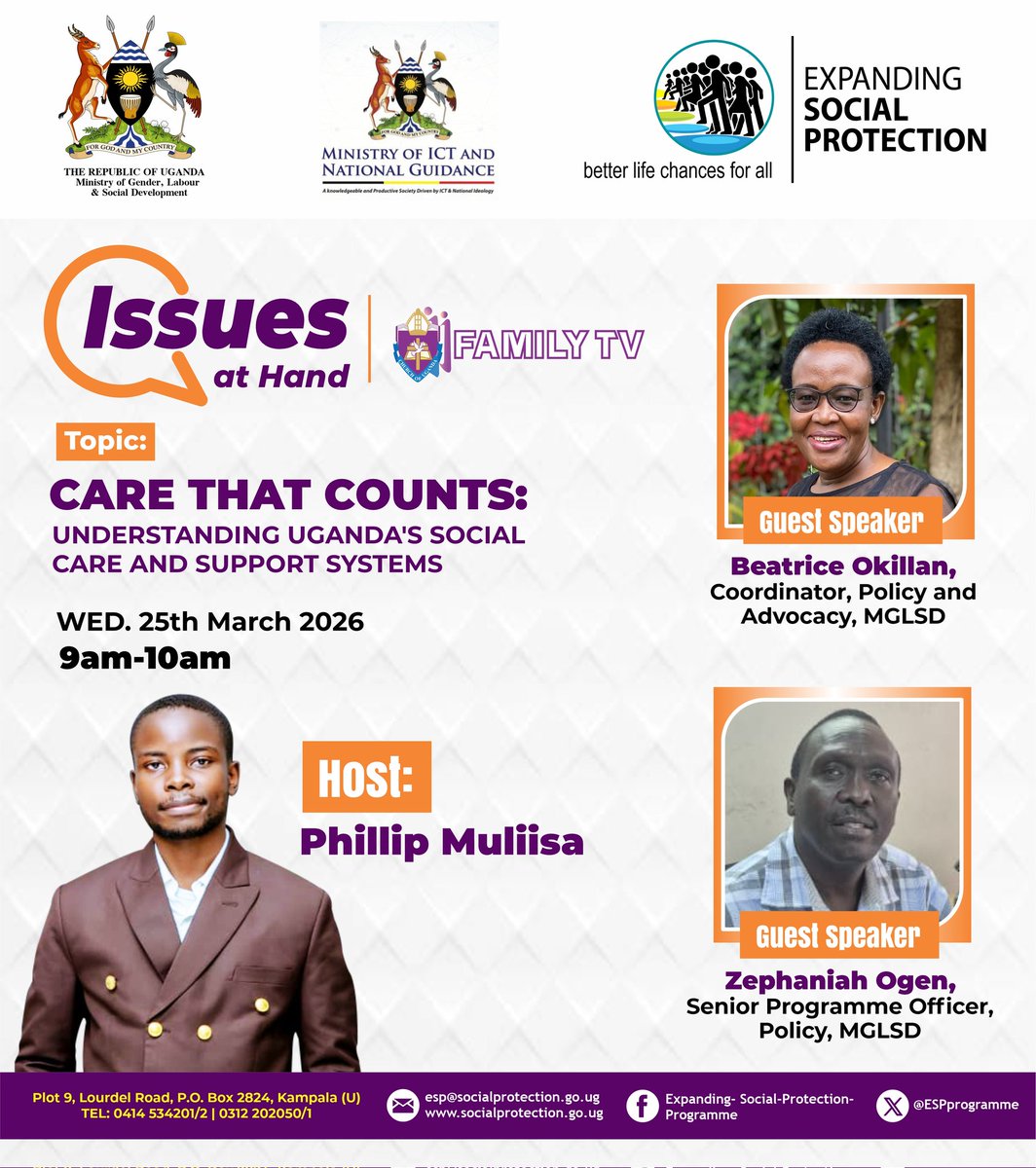 Mglsd_UG's tweet photo. Everyone needs Social care and support services, to thrive and live a dignified life. Join the discussion now, at 9am on @Family TV Uganda for a discussion on the social care systems to learn more. 
#SocialProtectionUg

@upfsp @GCIC_SocialDevt https://t.co/httKI1fVzG