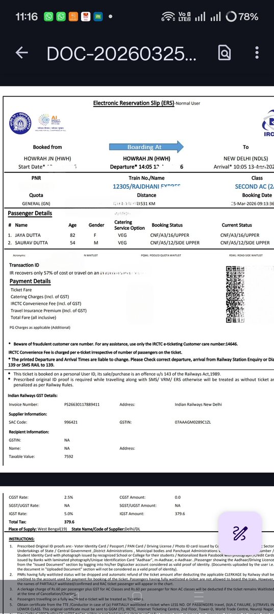 saurav6434's tweet photo. How can a 82 year old travel in the upper seat, why can't it allocate a seat as per age @IRCTCofficial @RailMinIndia @AshwiniVaishnaw https://t.co/i2hU0tFuAq