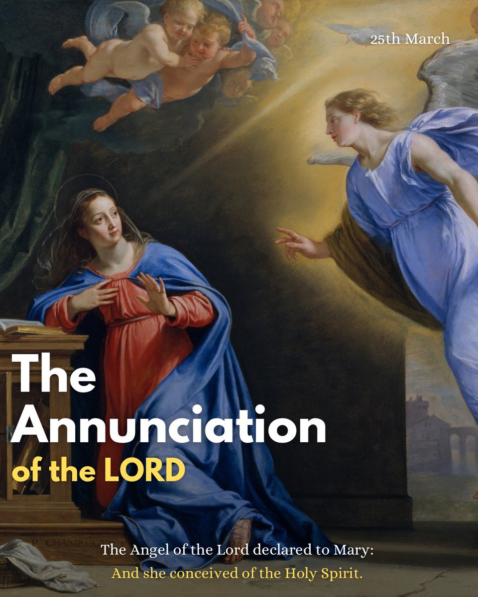 frjamesa's tweet photo. The Angel of the Lord declared to Mary: 
And she conceived of the Holy Spirit. 

Hail Mary, full of grace, the Lord is with thee; blessed art thou among women and blessed is the fruit of thy womb, Jesus. Holy Mary, Mother of God, pray for us sinners, now and at the hour of our death. Amen.

Behold the handmaid of the Lord: Be it done unto me according to Thy word.

Hail Mary...

And the Word was made Flesh: And dwelt among us.

Hail Mary...

Pray for us, O Holy Mother of God, that we may be made worthy of the promises of Christ. 

Let us pray:
Pour forth, we beseech Thee, O Lord, Thy grace into our hearts; that we, to whom the incarnation of Christ, Thy Son, was made known by the message of an angel, may by His Passion and Cross be brought to the glory of His Resurrection, through the same Christ Our Lord. Amen. 

Mary is the key 🔑 

Happy feast of the Annunciation of the Lord 🎉