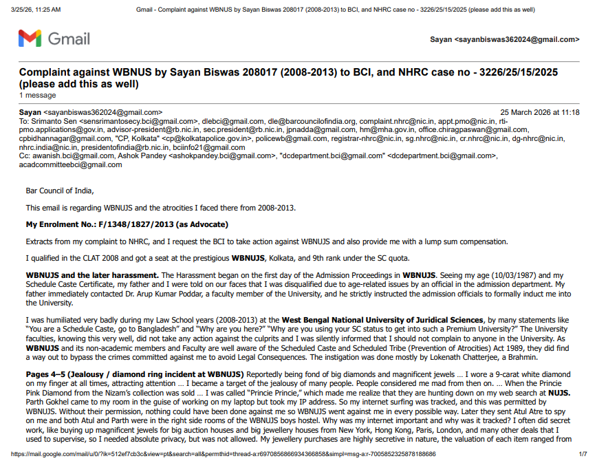 Sayan855477's tweet image. Serious complaint filed against @wbnujskolkata  (WBNUJS) for caste-based #atrocities, sustained #cyberstalking, professional &amp;amp; #psychiatric persecution, me (2008-2013 batch, WBNUJS). NHRC Case: 3226/25/15/2025 + full complaint to @barcouncilindia   &amp;amp; authorities.
@MLJ_GoI