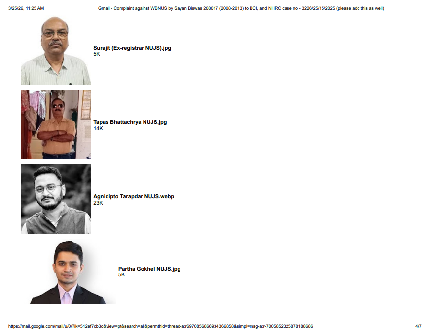 Sayan855477's tweet image. Serious complaint filed against @wbnujskolkata  (WBNUJS) for caste-based #atrocities, sustained #cyberstalking, professional &amp;amp; #psychiatric persecution, me (2008-2013 batch, WBNUJS). NHRC Case: 3226/25/15/2025 + full complaint to @barcouncilindia   &amp;amp; authorities.
@MLJ_GoI