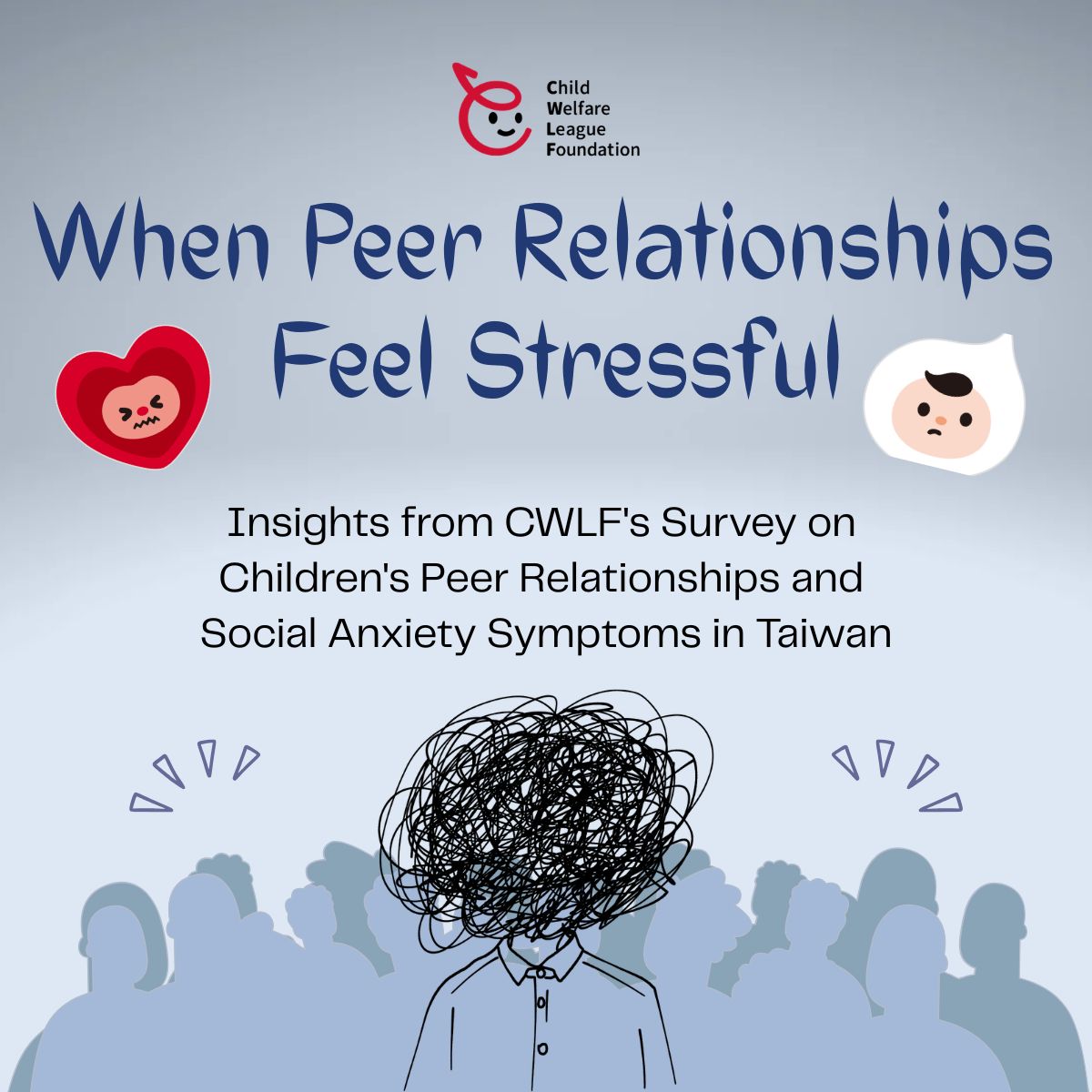 cwlf's tweet photo. 😨Why does socializing feel so hard for some children?

CWLF's latest survey sheds light on children's peer relationships and social anxiety symptoms today.

Let's help children feel less isolated and more comfortable asking for help.

👉Read the report: https://t.co/eouycU7A0i https://t.co/VB74lNDgGc