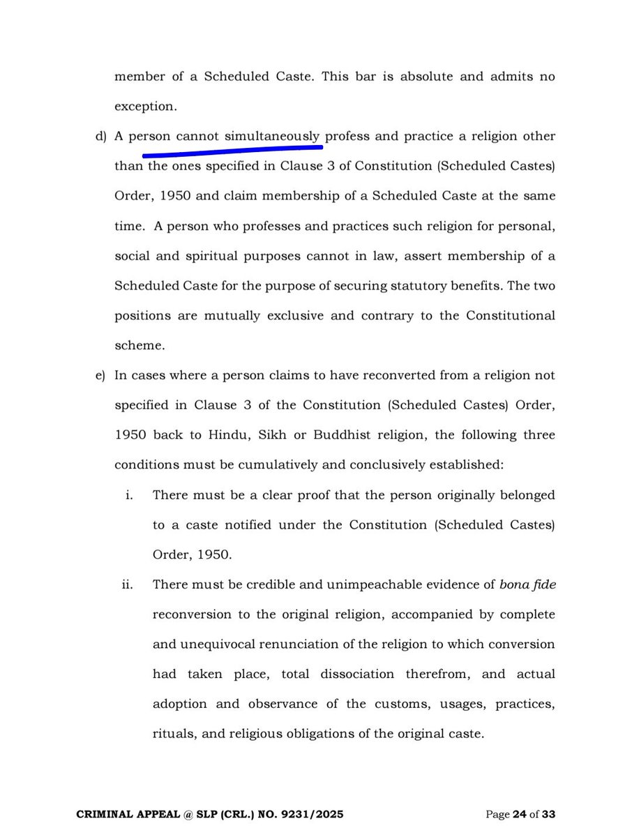 InformedAlerts's tweet photo. The Supreme Court of India held:
• Conversion to other religions → immediate loss of SC status
• The bar under the Constitution (Scheduled Castes) Order, 1950 is absolute
• No reservation or SC/ST Act protection can be claimed

(Chinthada Anand case) https://t.co/nybjX3RvPc