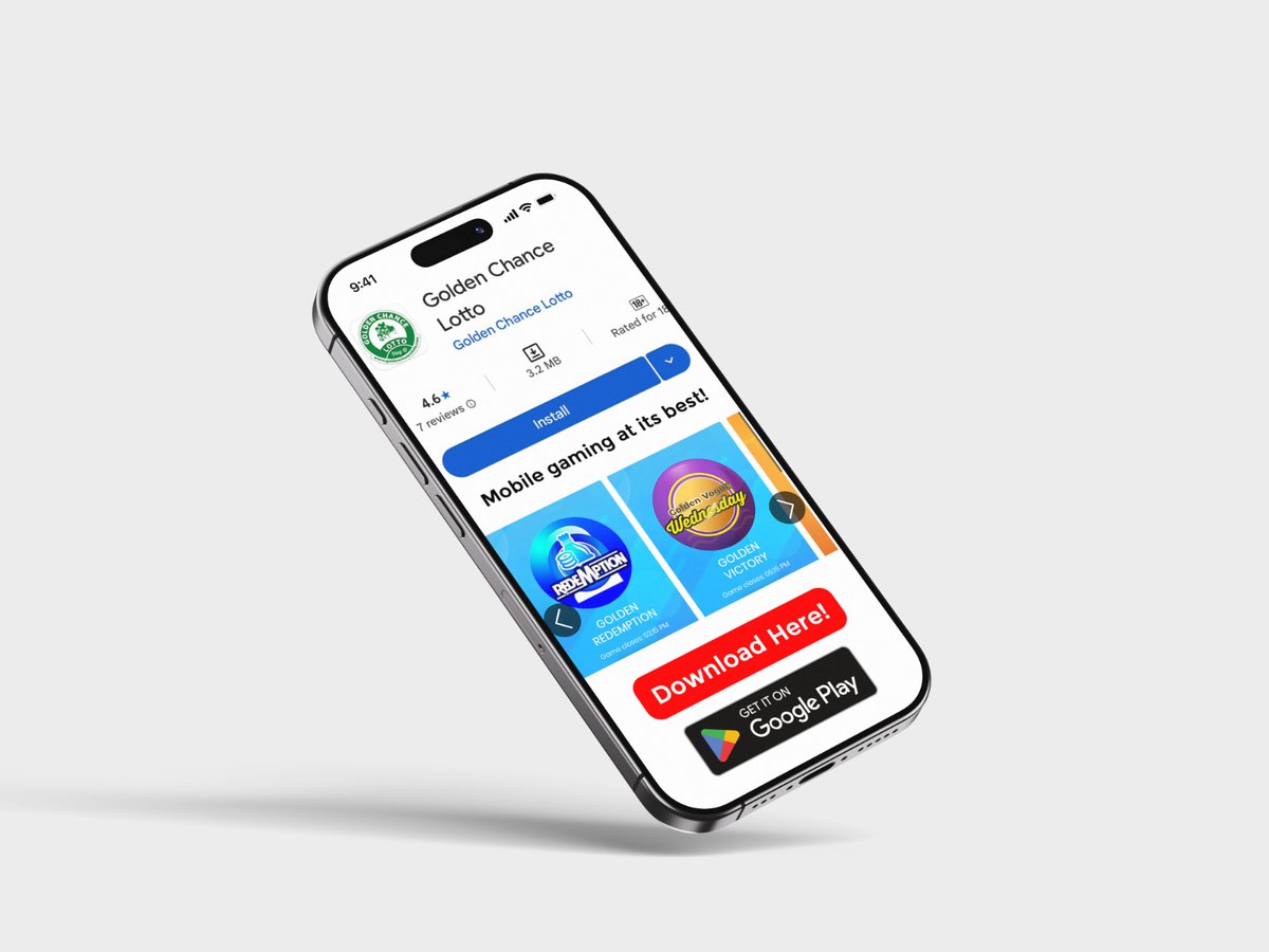 wgclotto's tweet image. Download. Bet. Win. 🚀 That's the Golden Chance Lotto app philosophy. 
Simple, fast, and your best shot at winning a huge jackpot. 
Available now on the Play Store.

Don't wait! Download here:
👉 play.google.com/store/apps/det…

#QuickBet #LottoWinners #DownloadNow
