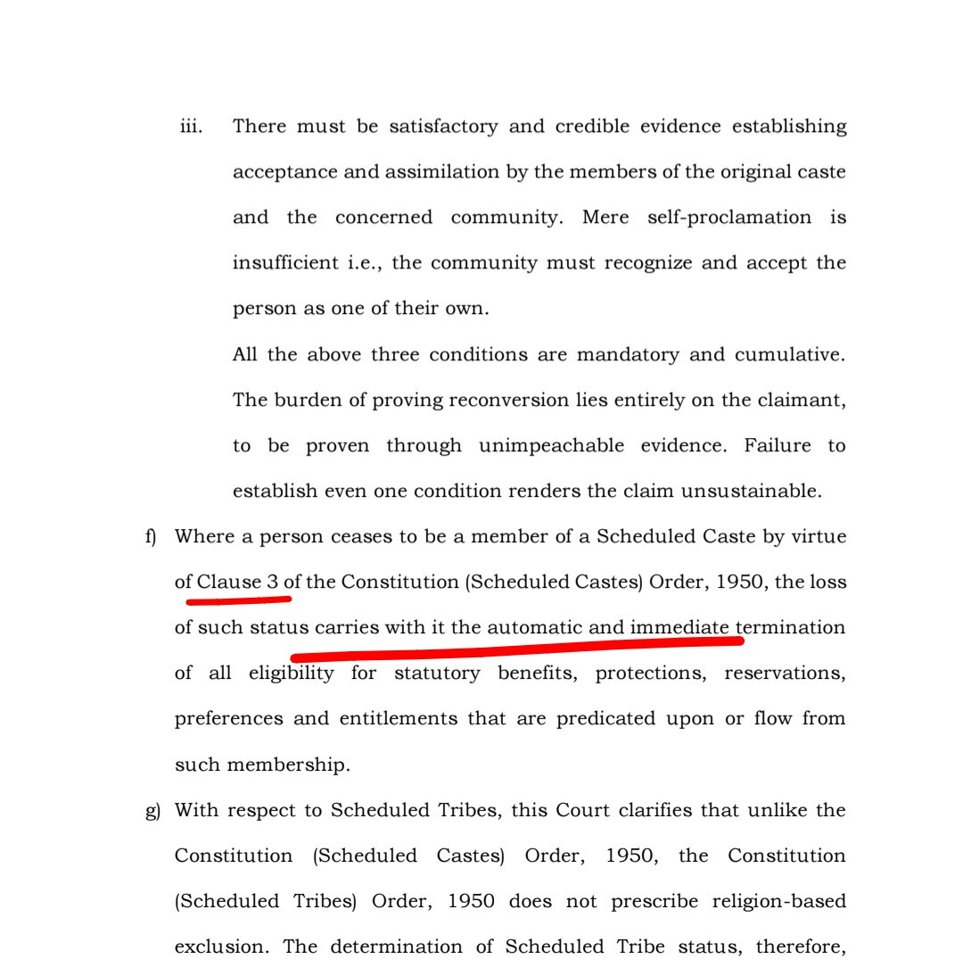 InformedAlerts's tweet photo. What this means:
• You cannot follow another religion and claim SC status at the same time
• Loss of status = automatic end of all benefits
• Applies to reservation, legal protection, and eligibility
(SC judgment, paras 55(b), 55(c), 55(f)) https://t.co/MTyzUgFNXN