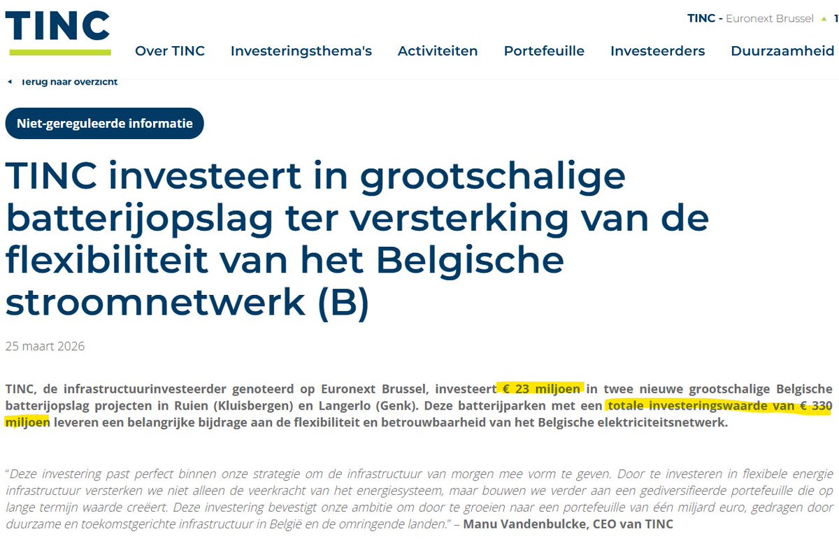 TSimonts's tweet photo. #Tinc blijft zich opwerpen als batterijparkinvesteerder. Legt €23m op tafel voor belang in batterij-opslagpark (totale inv. waarde: €330m) https://t.co/lKXcZjzHck