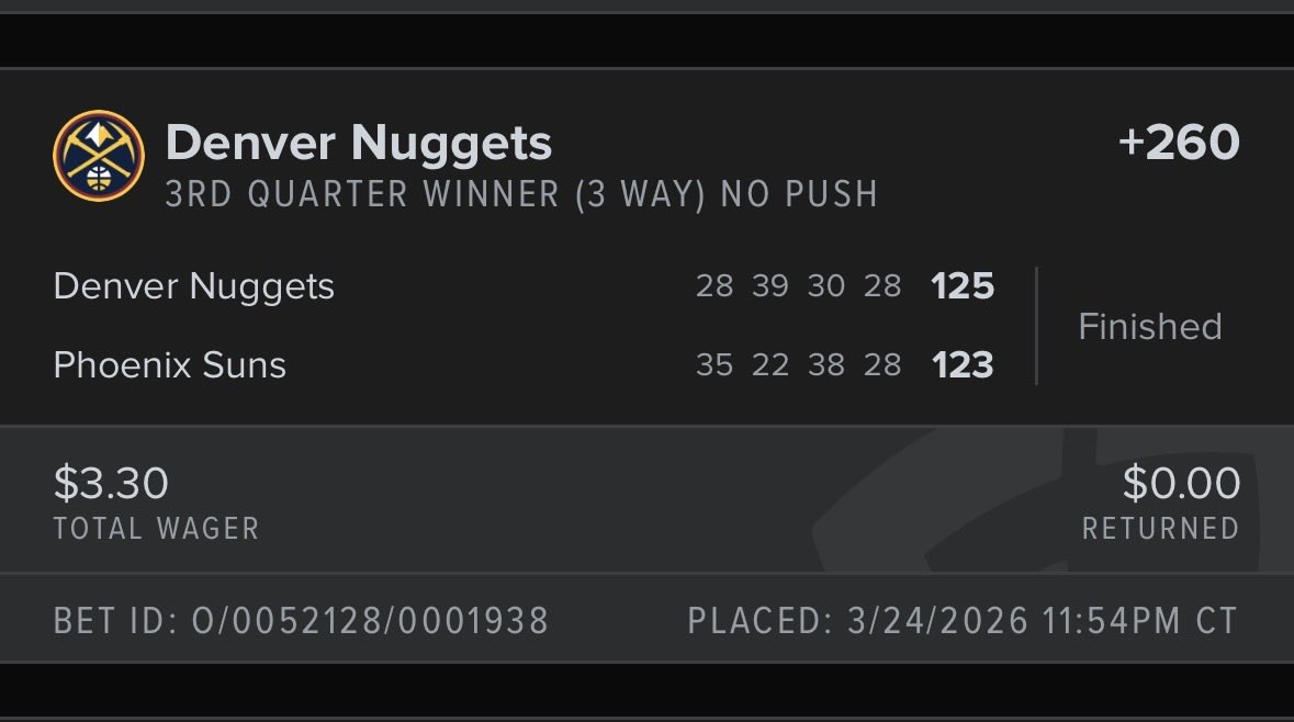 Hot8_World's tweet photo. @FDSportsbook I Don’t Get It how is this possible and at the End of the 3rd quarter score was Den. 97 Phoenix 95 I don’t understand this bet if it didn’t hit https://t.co/NuSN651oot