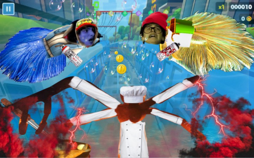 catinnoodles's tweet image. looks like the mind filleter chased pike and gill into the subway surfers universe.. hope they can swim fast! #bubbler 🫧🐠