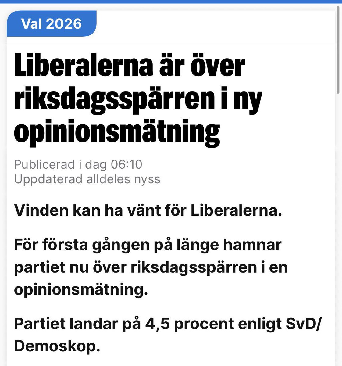 Fågeln Fenix reser sig! Liberalerna seglar upp på 4,5 % i SvD/Demoskop och lämnar riksdagsspärren bakom sig. Mohamsson visar att modet att öppna upp för SD ger utdelning. Håller det här i sig väntar 4 nya år med blått styre! Hatten av till Simona 🎩