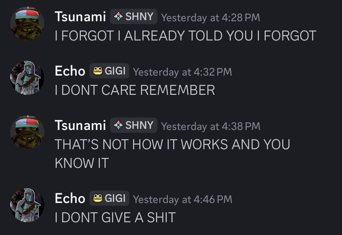 EchoHateAccount's tweet photo. Even worse, Tsunami told me he won’t unban him even though it’s been damn near two days and he doesn’t even remember what it was anymore 

Echo’s response? https://t.co/UmNuaYYEvz