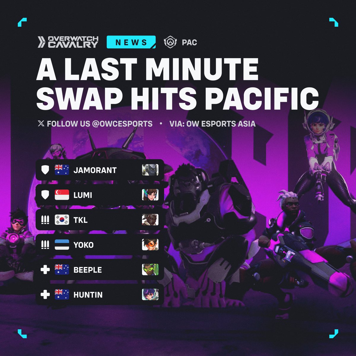 OWCEsports's tweet photo. "Undecided" has withdrawn from #OWCS Pacific Stage 1. In their place from the stars, enters @EsportQuasar (formally Trap12) ⛹️ https://t.co/icjxJAp3ML