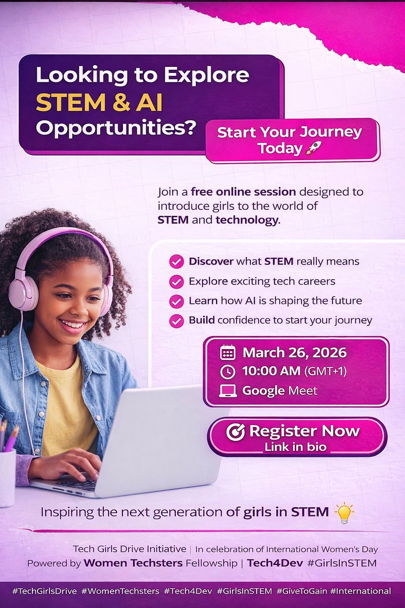Olakawritingweb's tweet photo. What if more girls discovered the opportunities in technology early enough?

Many young people grow up believing that careers in tech are only for those who are exceptionally strong in mathematics or engineering. Because of this, technology can feel distant or out of reach. https://t.co/pH5E3Vcymd