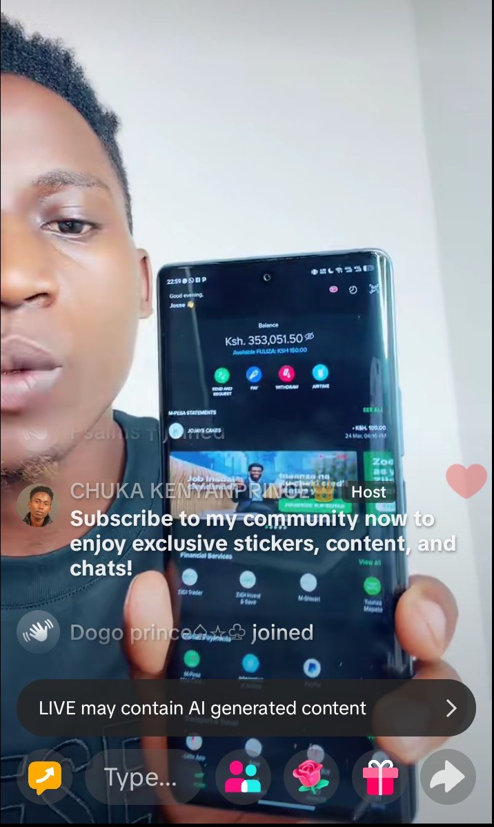 Kenyan millionaire Chuka Prince flaunts his M-Pesa balance of KSh 353K live on his TikTok stream...and he's only 21 years old.