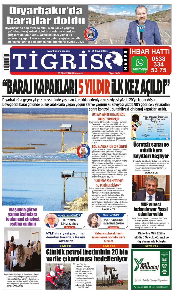 TigrisHaber's tweet photo. ☀️ Günaydın,  
 
🔵 "BARAJ KAPAKLARI 5 YILDIR İLK KEZ AÇILDI" Manşetiyle bayilerde, web sitemiz ve sosyal medya hesaplarımızla da telefonunuzdayız.#Diyarbakır #tigrishaber https://t.co/vQXPh5lZnJ