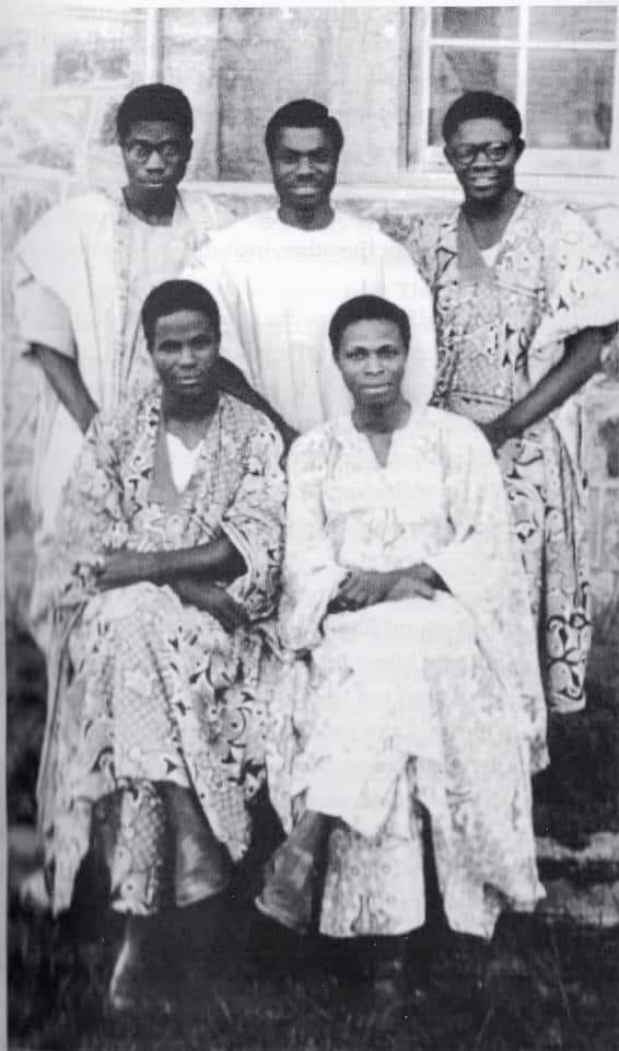 Bola Ige (standing at the far left) with undergraduate friends in their Yoruba traditional attire at the University College, Ibadan, 1953.

Standing from left to right: Bola Ige (September 13, 1930 – December 23, 2001, assassinated while serving as Nigeria's Justice Minister;