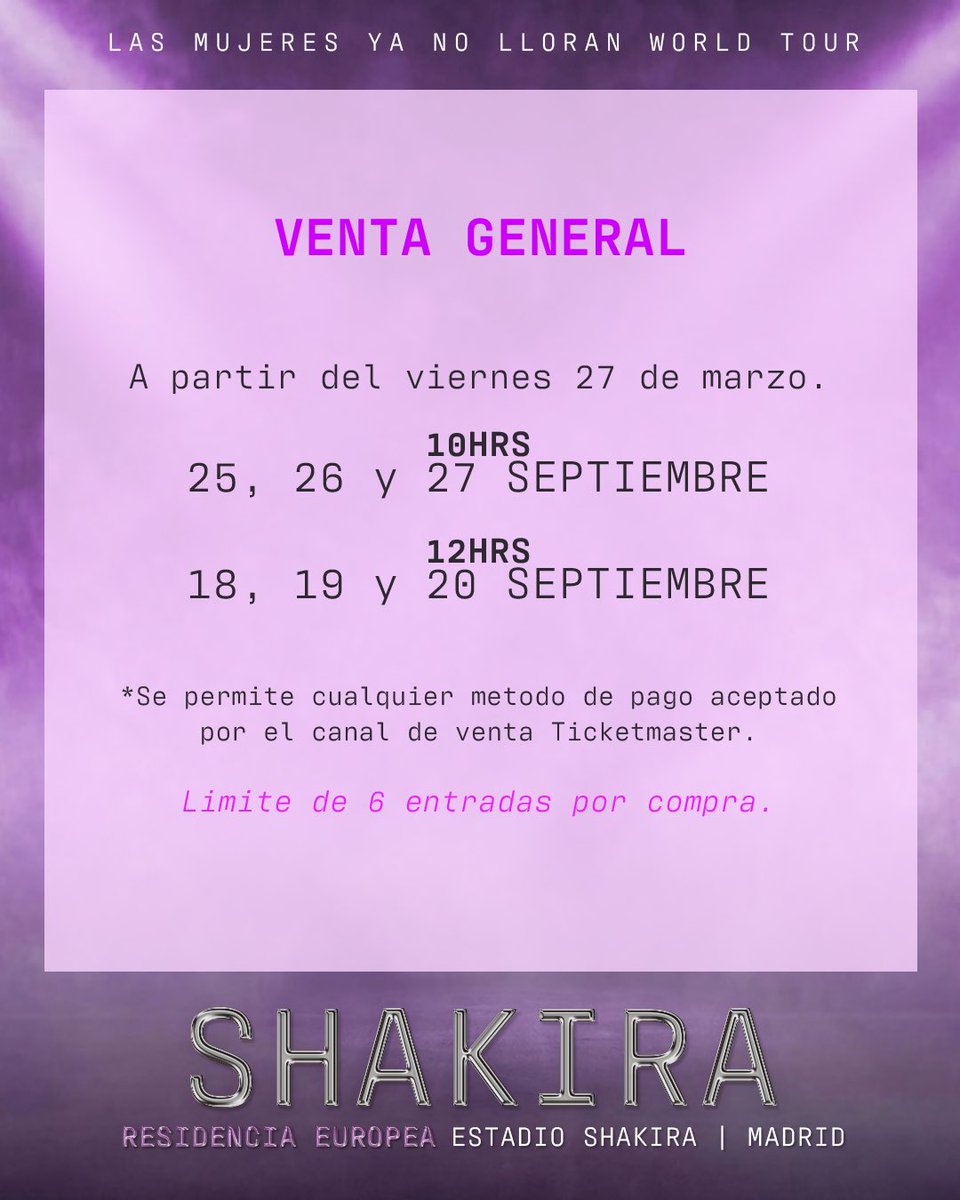 EstadioShakira's tweet photo. Detalle de preventas y venta general.

🎫Preventa Shakira - 24 de marzo
🎫Preventa Live Nation-S.SMusic - 25 de marzo
🎫Preventa Live Nation - 26 de marzo
🎫Venta General - 27 de marzo

https://t.co/81HFw9tvoL
https://t.co/9AhIVEw8i4 https://t.co/khyECj3unS