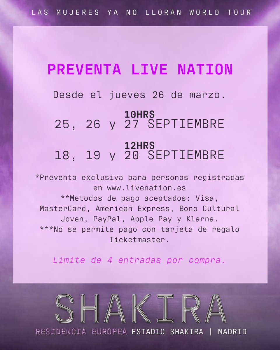 EstadioShakira's tweet photo. Detalle de preventas y venta general.

🎫Preventa Shakira - 24 de marzo
🎫Preventa Live Nation-S.SMusic - 25 de marzo
🎫Preventa Live Nation - 26 de marzo
🎫Venta General - 27 de marzo

https://t.co/81HFw9tvoL
https://t.co/9AhIVEw8i4 https://t.co/khyECj3unS