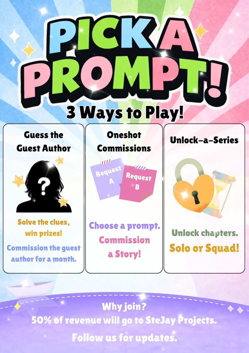 sugarspicefiles's tweet photo. Pick-A-Prompt is officially launching!
Event #1: Guess the Guest Author starts March 28 (Monthly)
Event #2: Oneshot Commissions opens April 4
Event #3: Unlock-A-Series launches April 11
More details will be revealed on dates indicated per event. 🖤🤍
#PowerPuffzCommissions https://t.co/UABUnbmsO9
