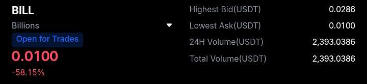 $BILL premarket went live on MEXC Global and already down by 58% 

It can only be one thing.... USDT or DUST? 🤔