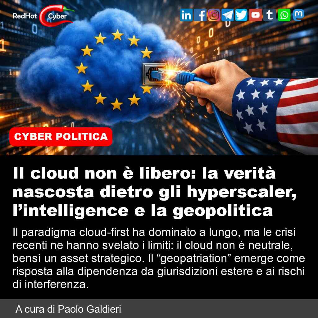 redhotcyber's tweet image. Il cloud non è libero: la verità nascosta dietro gli hyperscaler, l’intelligence e la geopolitica

📌 Link all'articolo : redhotcyber.com/post/il-cloud-…

#redhotcyber #news #cloudfirst #geopatriation #cloudneutralita #assetstrategico #crisideiLimiti #dipendenzadallestero