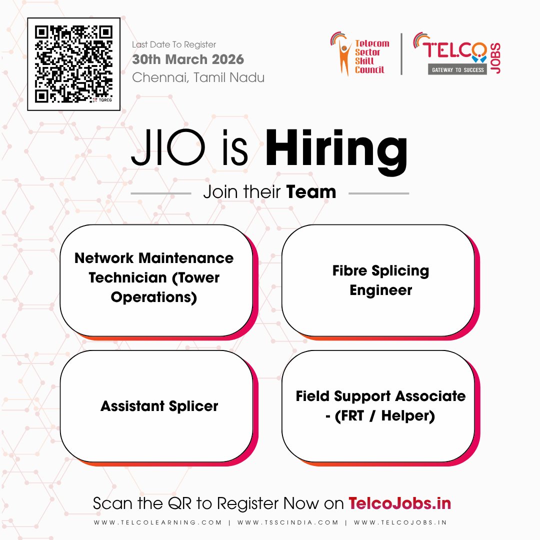 TSSCINDIA's tweet image. Jio is hiring for multiple telecom field roles.

Register : telcojobs.in/jobfairreg.asp…
 
Last date: 30th March 2026

tssindia.com | telcojobs.in | telcolearning.com

#jiojobs #telecomjobs #networkengineer #fibrejobs #telecomcareers #JobOpportunity